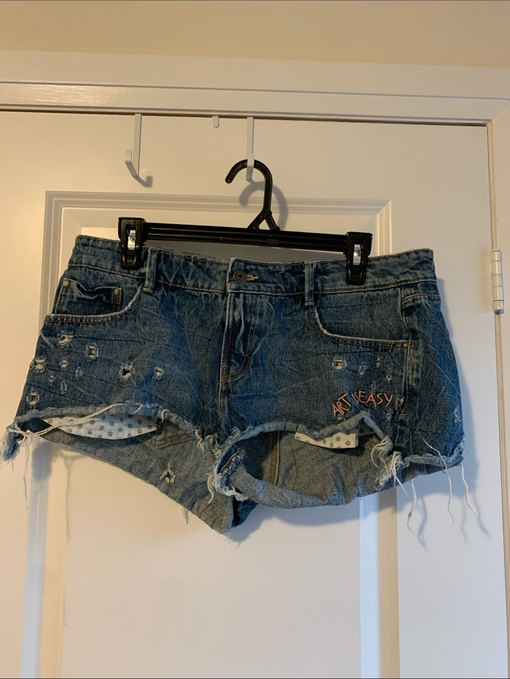 Zara Distressed Blue Denim Shorts with Orange 'Art Easy' Stitching